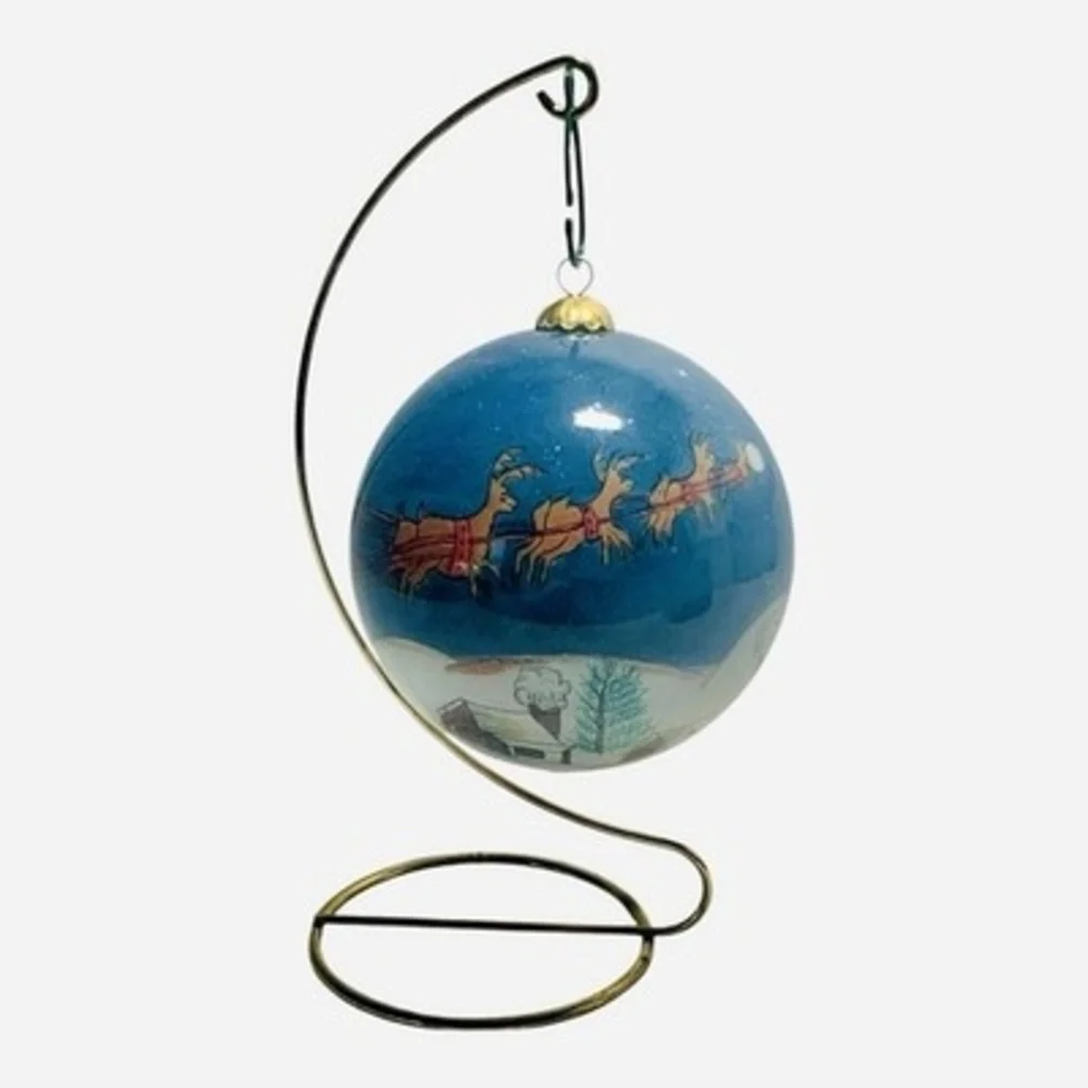 Vintage Pier 1 Li Bien Santa's Sleigh & Reindeer Glass Ball Ornament with Box